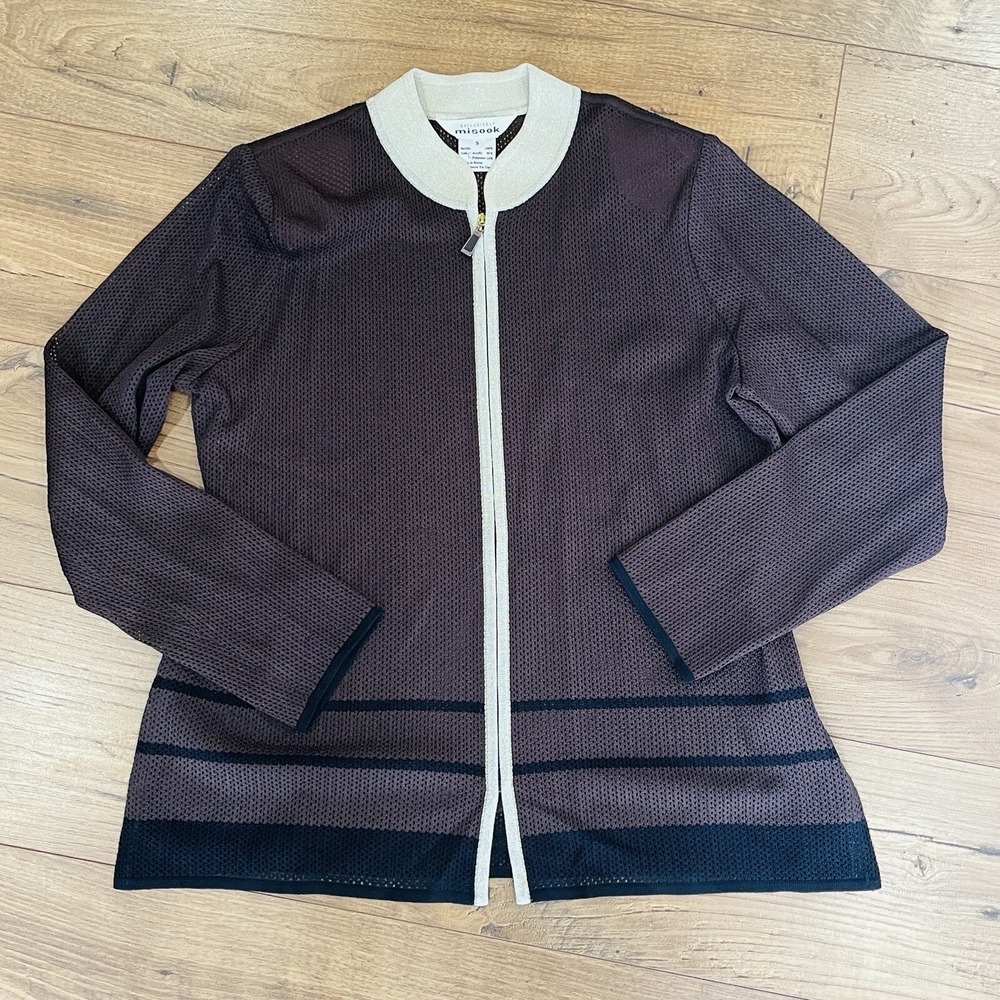 Misook Sweater Cardigan Lightweight Zip Front Brown Gold Women's Sz‎ Small